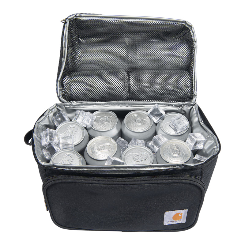 Grande lunchbox isotherme professionnelle Carhartt vue de haut interieur avec canettes noir