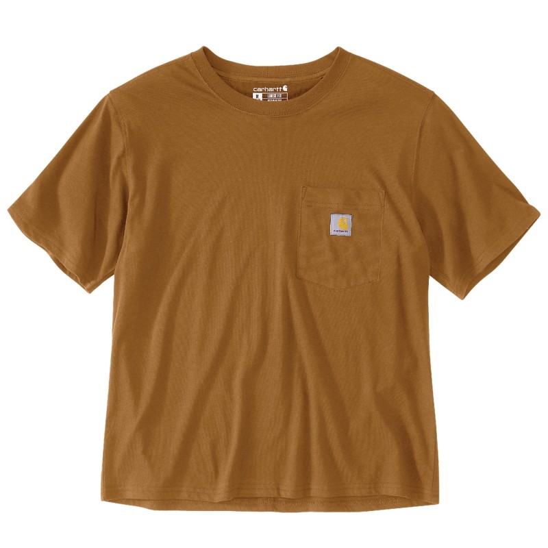 T-shirt de travail femme léger à manches courtes col rond avec poche Carhartt marron vue de face